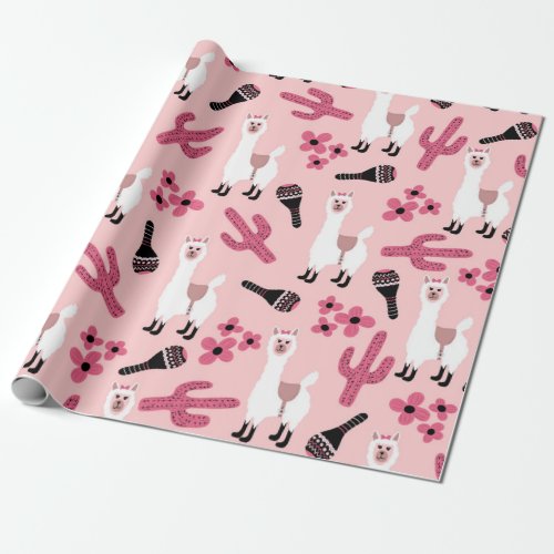 Adorable Pink White Llama Maraca Cactus Floral Wrapping Paper