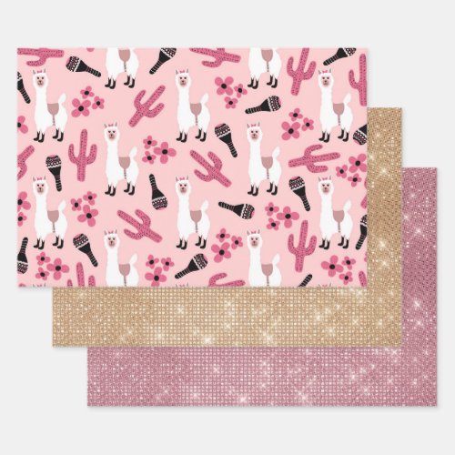 Adorable Pink White Llama Maraca Cactus Floral Wrapping Paper Sheets