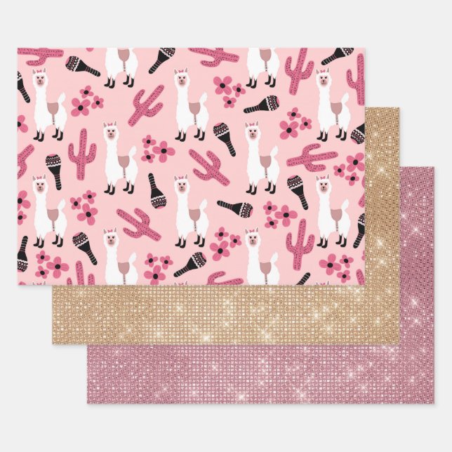 Adorable Pink White Llama Maraca Cactus Floral Wrapping Paper Sheets (Set)