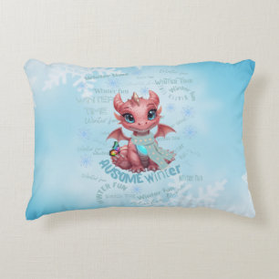 Adorable Pink Winter Dragon – Magical Snowflake Accent Pillow