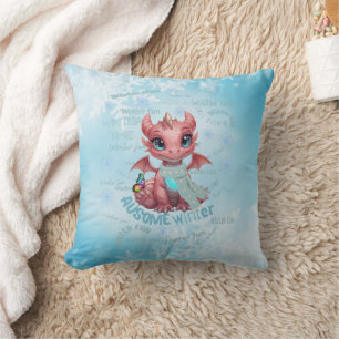 Adorable Pink Winter Dragon – Magical Snowflake Throw Pillow