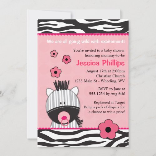 Adorable Pink Zebra Baby Shower Invitations