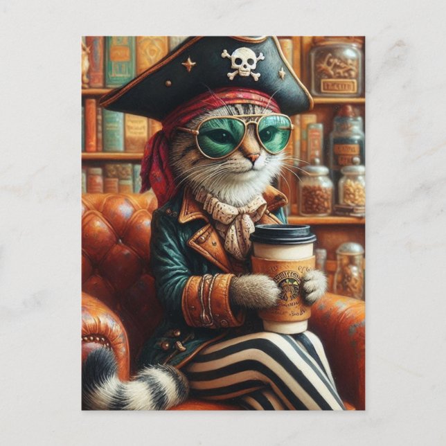 Adorable Pirate Cat with Coffee  Postcard (Front)