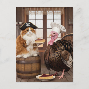 Adorable Pirate Kitty and Turkey Thanksgiving Pie Postcard