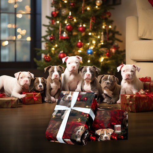 Adorable Pitties Rich Red Christmas Dog Lovers  Wrapping Paper