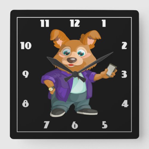 Adorable playful Cartoon dog student in a suit  Square Wall Clock