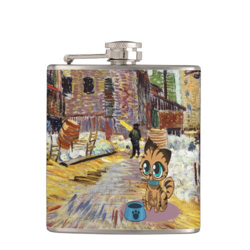 Adorable playful fluffy cute kitten in the city flask