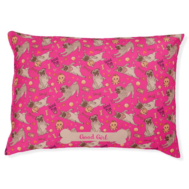 Adorable Playful Pug Paws Bones Pink Pet Design Bed (Front)