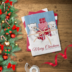 Adorable Polar Bear Cubs With Red Christmas Gifts Wrapping Paper Sheets