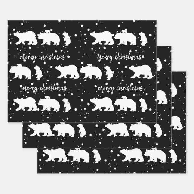 Adorable Polar Bear Family Christmas Black Wrapping Paper Sheets (Set)