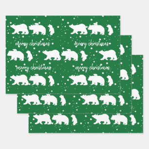 Adorable Polar Bear Family Christmas Green Wrapping Paper Sheets