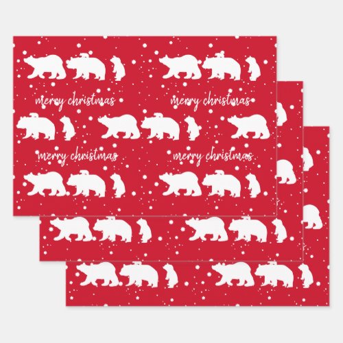 Adorable Polar Bear Family Christmas Red Wrapping Paper Sheets