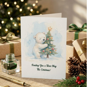 Adorable Polar Bear Hugging Christmas Tree, Cute Card