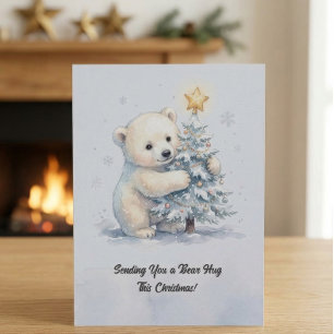 Adorable Polar Bear Hugging Christmas Tree, Cute Card