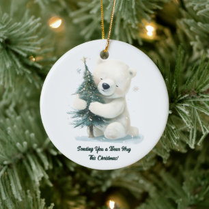Adorable Polar Bear Hugging Christmas Tree, Cute Ceramic Ornament