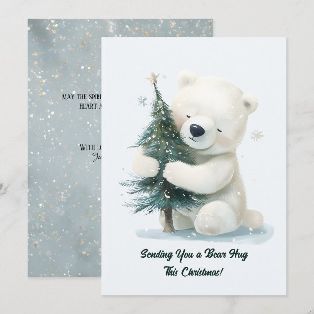 Adorable Polar Bear Hugging Christmas Tree, Cute  Holiday Card (Front/Back)