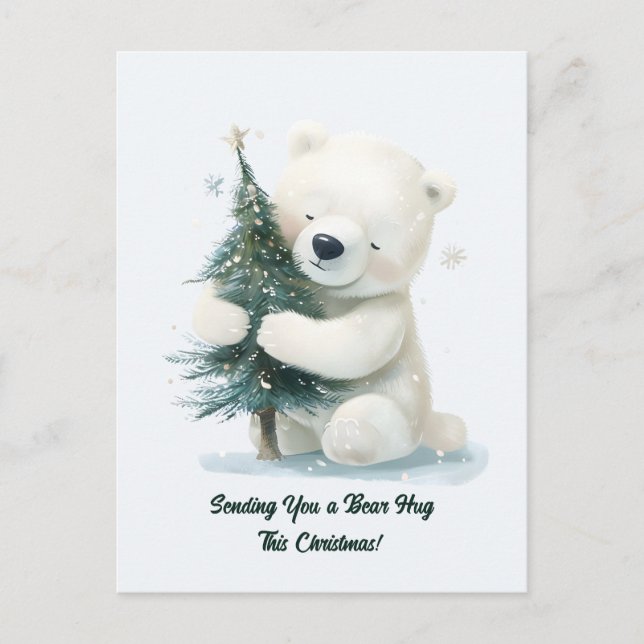 Adorable Polar Bear Hugging Christmas Tree, Cute  Holiday Postcard (Front)