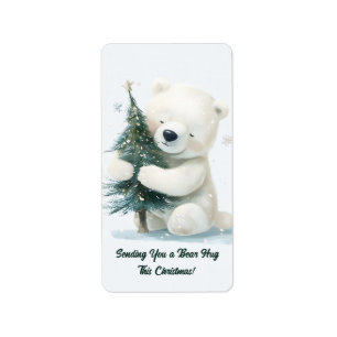 Adorable Polar Bear Hugging Christmas Tree, Cute  Label