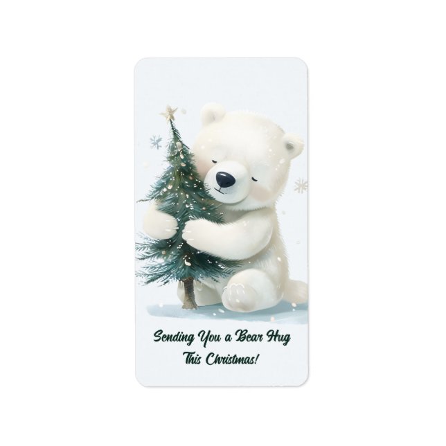 Adorable Polar Bear Hugging Christmas Tree, Cute  Label (Front)
