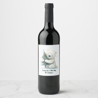 Adorable Polar Bear Hugging Christmas Tree, Cute Wine Label