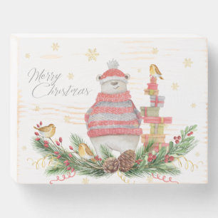 Adorable Polar Bear Wintery Christmas Scene Wooden Box Sign