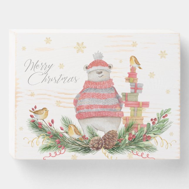 Adorable Polar Bear Wintery Christmas Scene Wooden Box Sign (Front Horizontal)