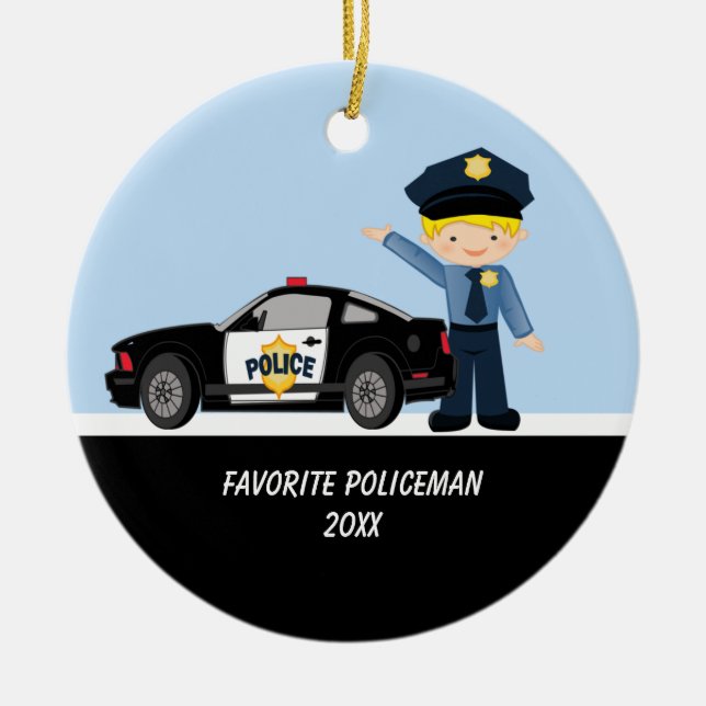 Adorable Policeman with Police Car Ornament (Front)