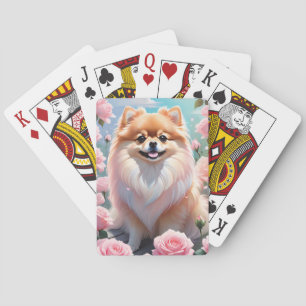 Adorable Pomeranian Blooming Pink Roses Poker Cards