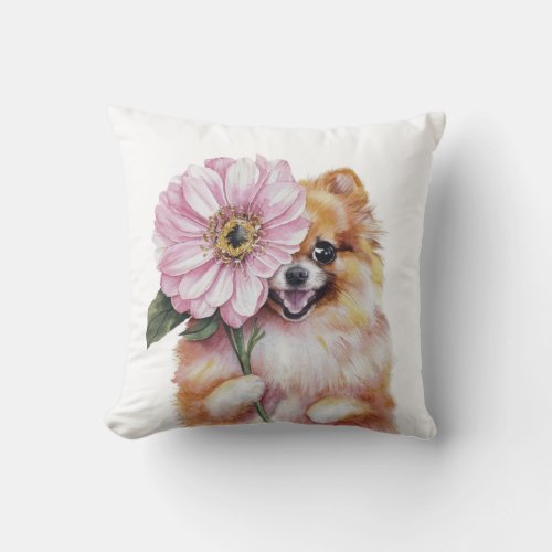 Adorable Pomeranian Watercolor Illustration Throw Pillow