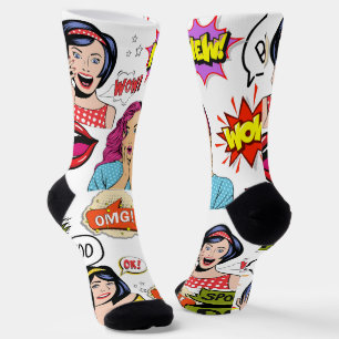 Adorable pop art surprised women OMG White Socks