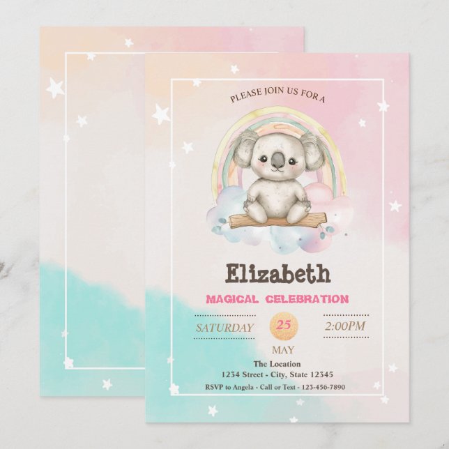 Adorable Pretty Koala Rainbow Birthday Invitation (Front/Back)