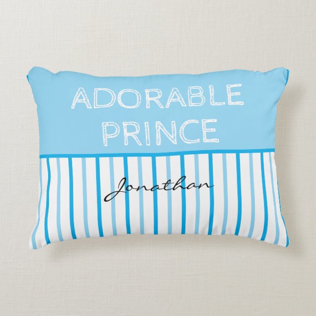 Adorable Prince Blue White Stripes Name Accent Pillow (Front)