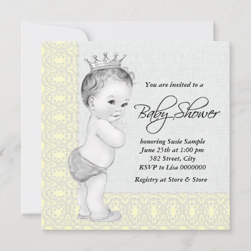 Adorable Prince Yellow and Gray Baby Shower Invitation