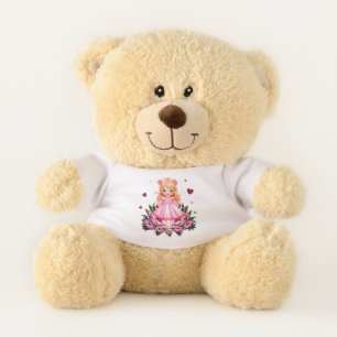 Adorable princess with flowers teddy bear
