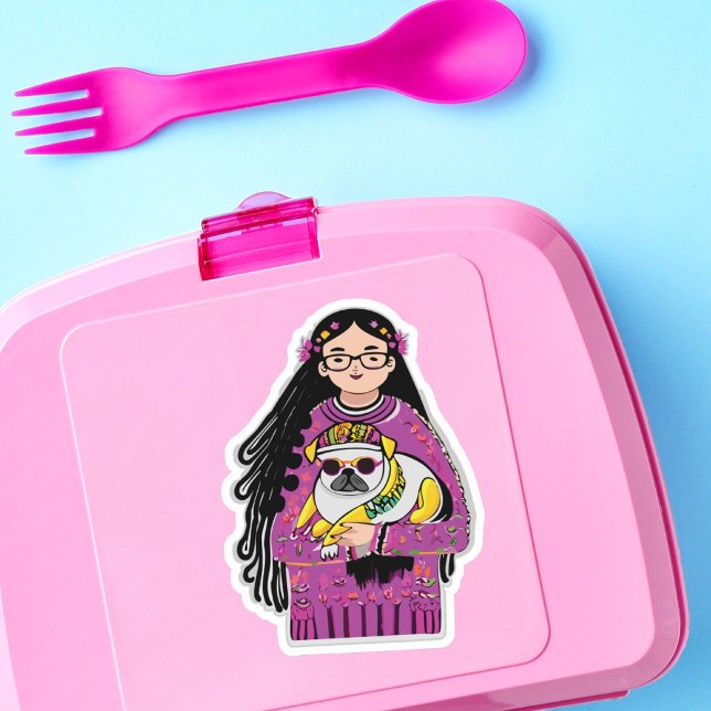 Adorable Pug and A Girl With Long Hair Sticker (Creator Uploaded)