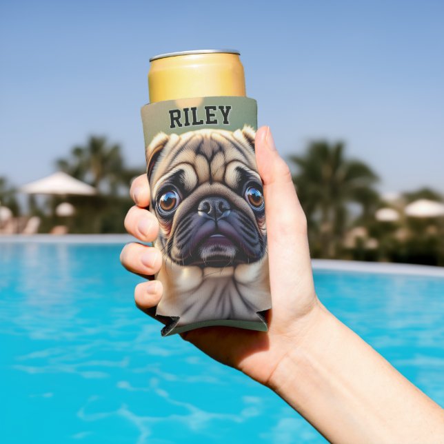 Adorable Pug Close up | Cute Dog Personalized Seltzer Can Cooler (In Situ Pool)