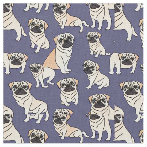 Adorable Pug Fabric on Blue Background