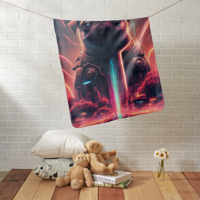 Adorable Pug in Futuristic Robot Costume Baby Blanket (In Situ)