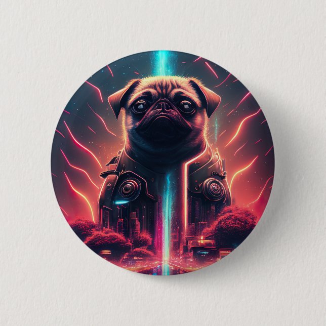 Adorable Pug in Futuristic Robot Costume Button (Front)