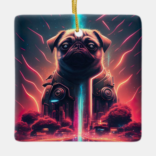 Adorable Pug in Futuristic Robot Costume Ceramic Ornament (Front)