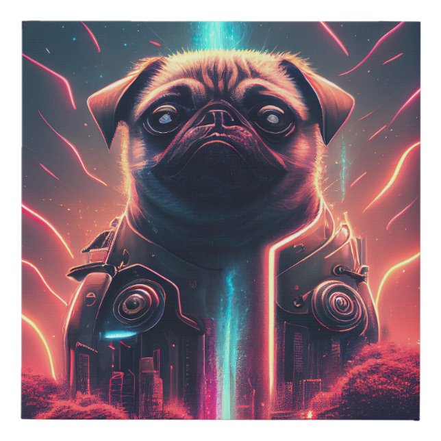 Adorable Pug in Futuristic Robot Costume Faux Canvas Print (Front)
