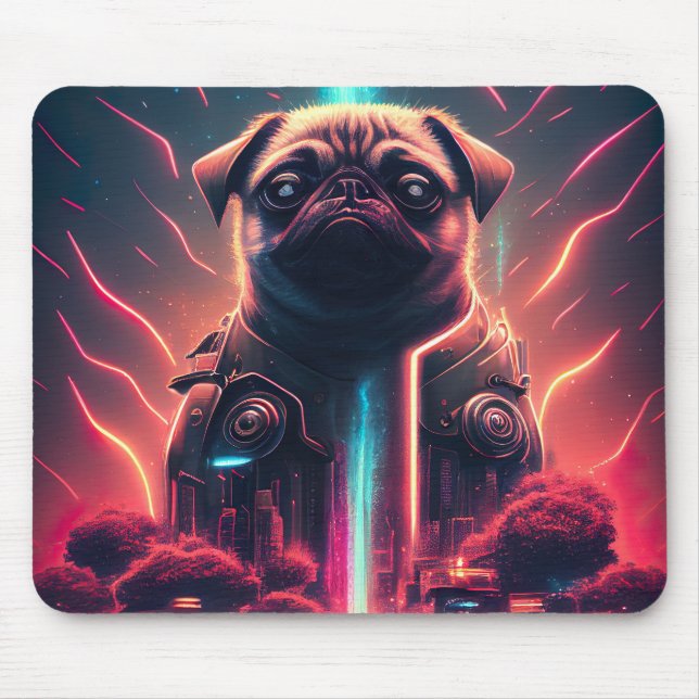 Adorable Pug in Futuristic Robot Costume Mouse Pad (Front)
