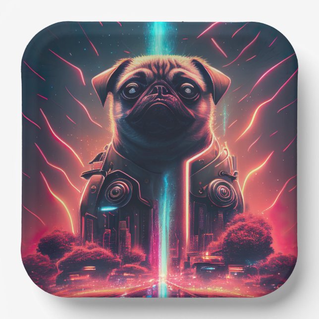 Adorable Pug in Futuristic Robot Costume Paper Plates (Front)