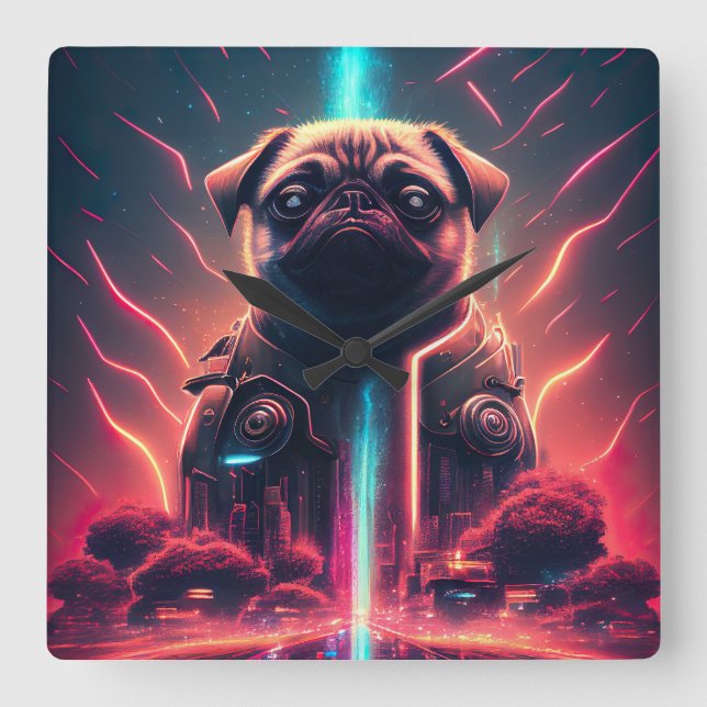 Adorable Pug in Futuristic Robot Costume Square Wall Clock (Front)