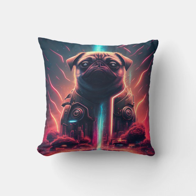 Adorable Pug in Futuristic Robot Costume Throw Pillow (Front)