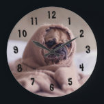 Adorable Pug Large Clock<br><div class="desc">Adorable Pug wrapped up in a blanket It's time to show off your favorite art, photos, and text with a custom round wall clock from Zazzle. Featured in two sizes, this wall clock is vibrantly printed with AcryliPrint®HD process to ensure the highest quality display of any content. Order this custom...</div>