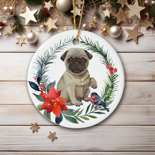 Adorable Pug Puppy Watercolor Poinsettia Ceramic Ornament