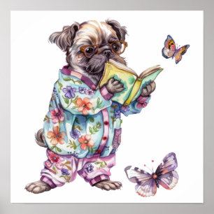 Adorable pug reading book Small Poster