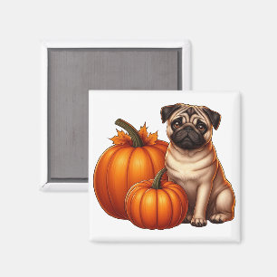 Adorable Pug Sitting Next to Pumpkins and Leaves Magnet