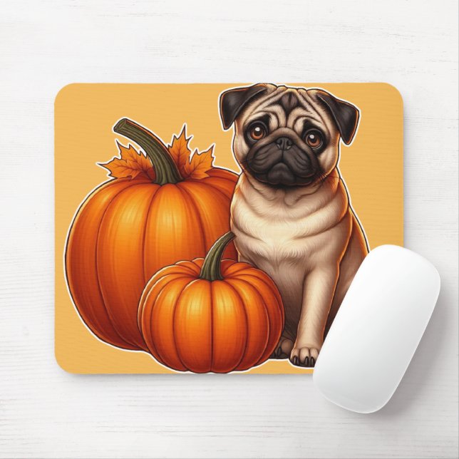 Adorable Pug Sitting Next to Pumpkins and Leaves Mouse Pad (With Mouse)